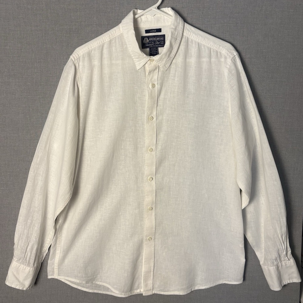 Men's American Rag White Linen Blend Button Down Shirt Beachy Classic Sz Large
